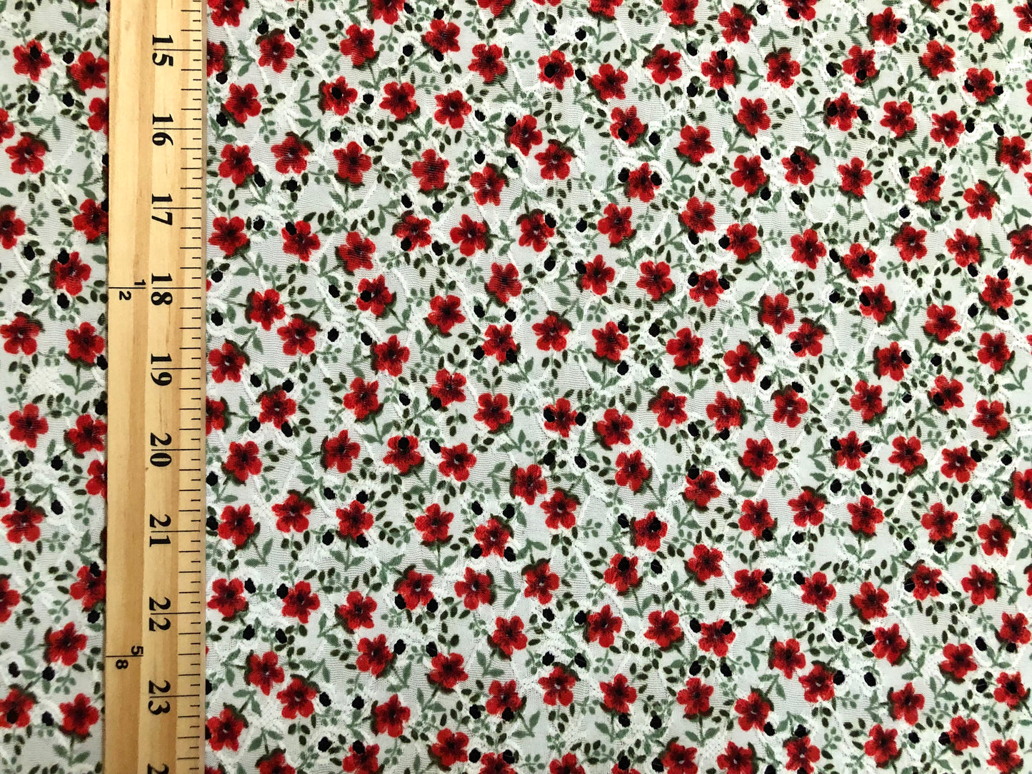 DTY Eyelet Fabric-Vanilla Red Green 1/2" Buttercup Flowers-DTYPR524-Sold by the Yard-Apparel Fabric