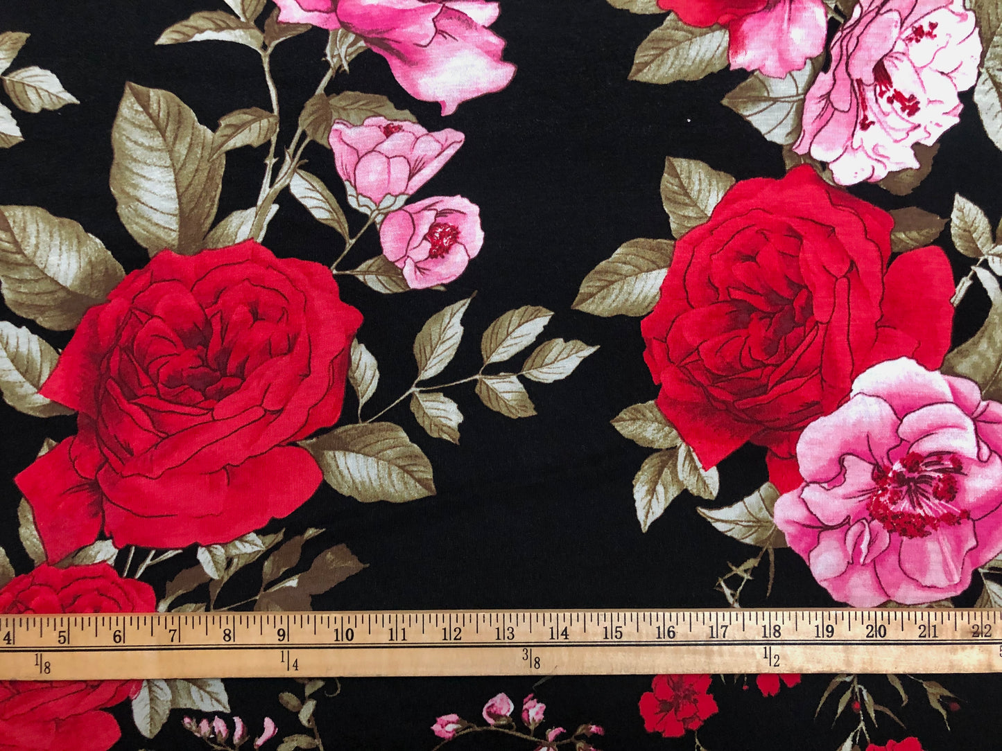 Black Rayon Spandex Jersey – Buttery-Soft Drape, Comfy Stretch – Red & Pink Rose Floral – 56" Wide – By the Yard (RSPR09)
