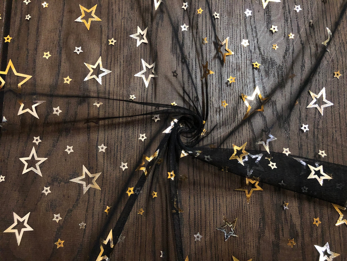 Gold & Silver Foil Star Mesh Fabric | 45" Wide Sheer Black Tulle – Sold by the Yard (PMSPR02)