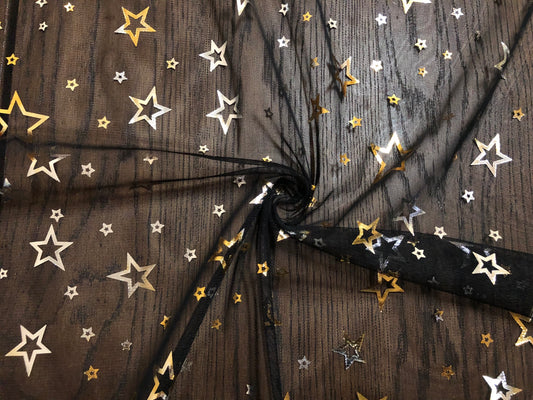 Gold & Silver Foil Star Mesh Fabric | 45" Wide Sheer Black Tulle – Sold by the Yard (PMSPR02)