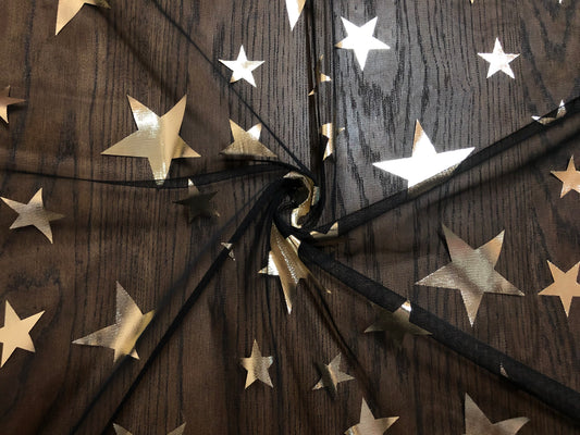 Gold Foil Star Mesh Fabric | 45" Wide Sheer Black Tulle – Sold by the Yard (PMSPR04)