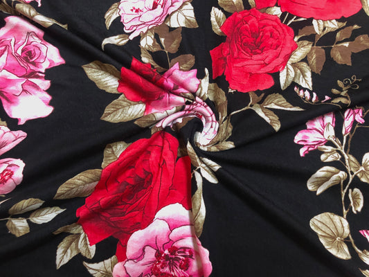 Black Rayon Spandex Jersey – Buttery-Soft Drape, Comfy Stretch – Red & Pink Rose Floral – 56" Wide – By the Yard (RSPR09)