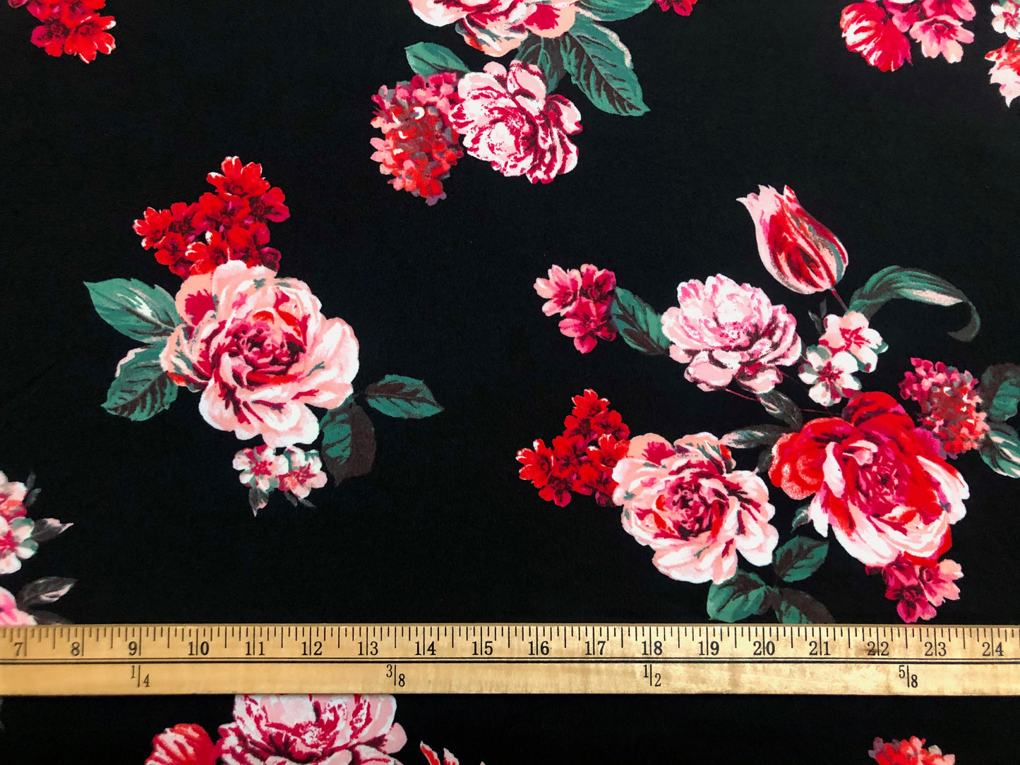 DTY Brushed Fabric-Black Pink Red White Roses-DTYBPR200-Sold by the Yard-Jersey Fabric