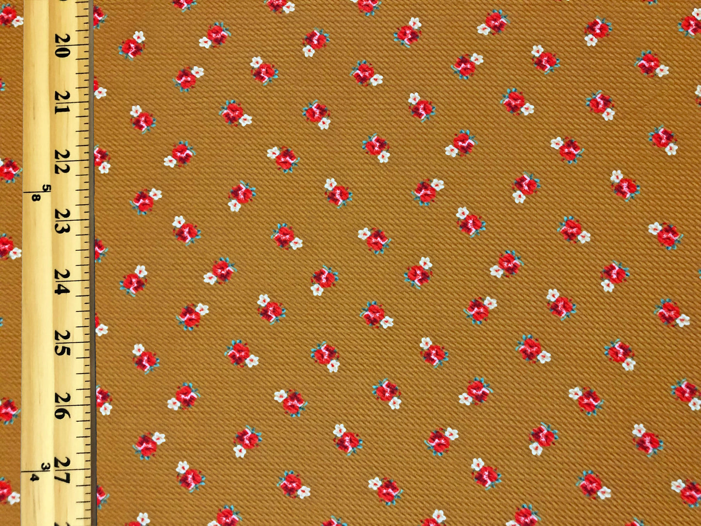 Bullet Knit Fabric – Mini Red Roses & Yellow Bud Ditsy Floral Stretch Print on Mustard, 56″ Wide, Sold by the Yard (BDPR262)
