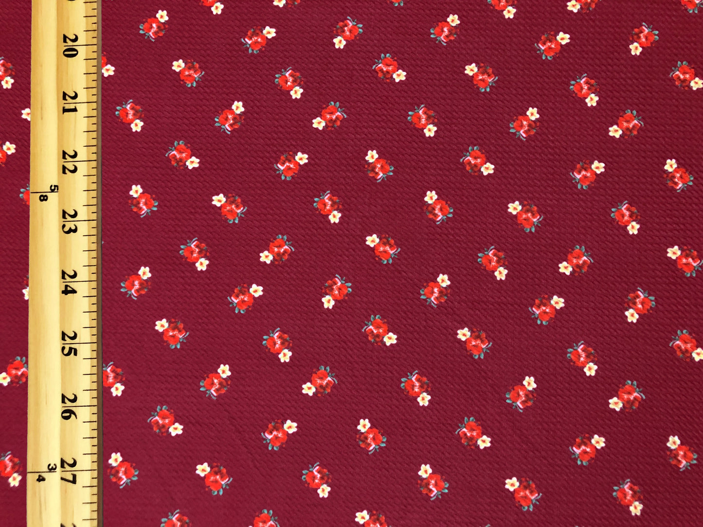 Bullet Knit Fabric – Mini Red Roses & Yellow Bud Ditsy Floral Stretch Print on Burgundy, 56″ Wide, Sold by the Yard (BDPR258)