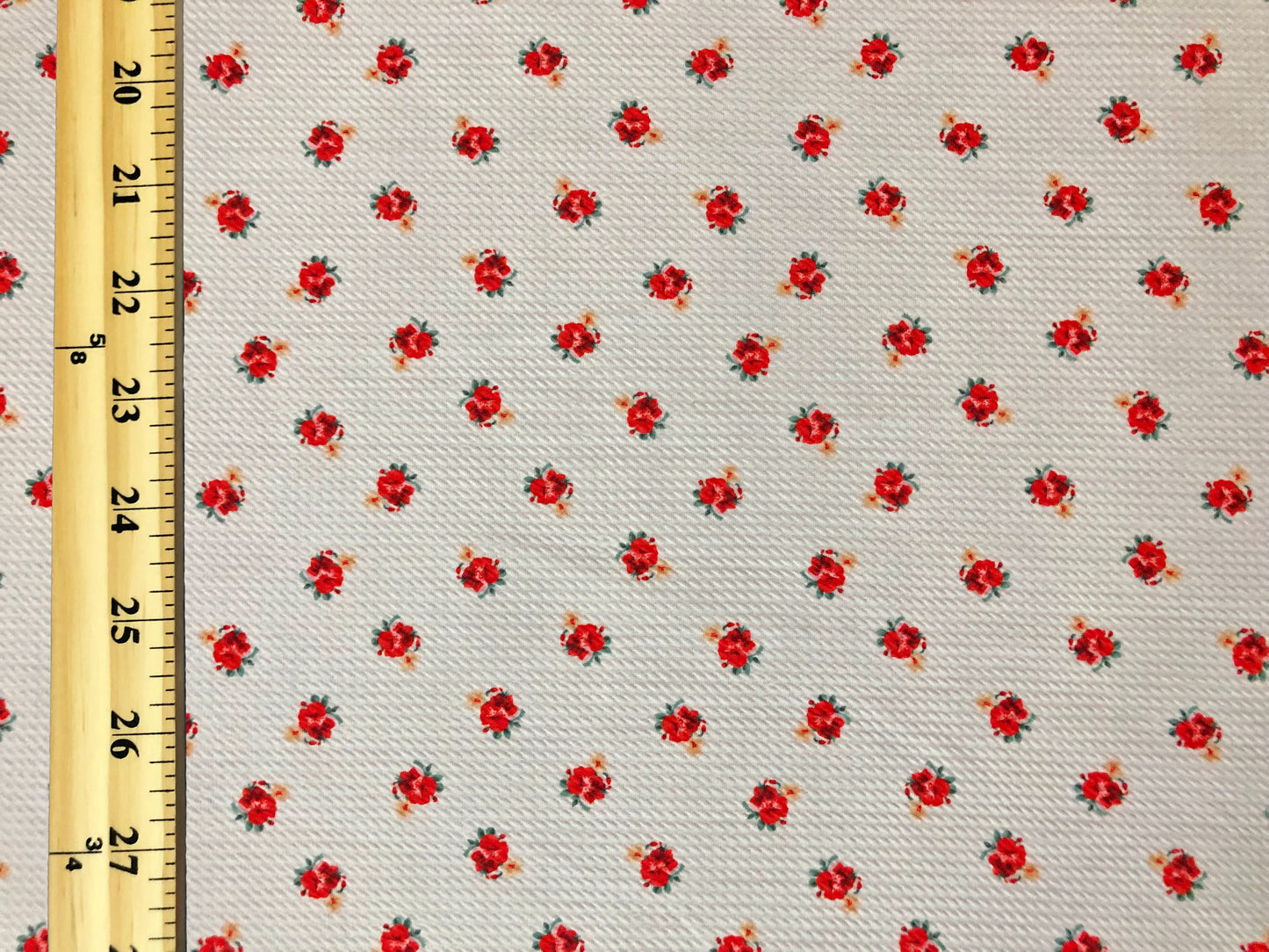 Bullet Knit Fabric – Mini Red Roses & Yellow Bud Ditsy Floral Stretch Print on Ivory, 56″ Wide, Sold by the Yard (BDPR263)