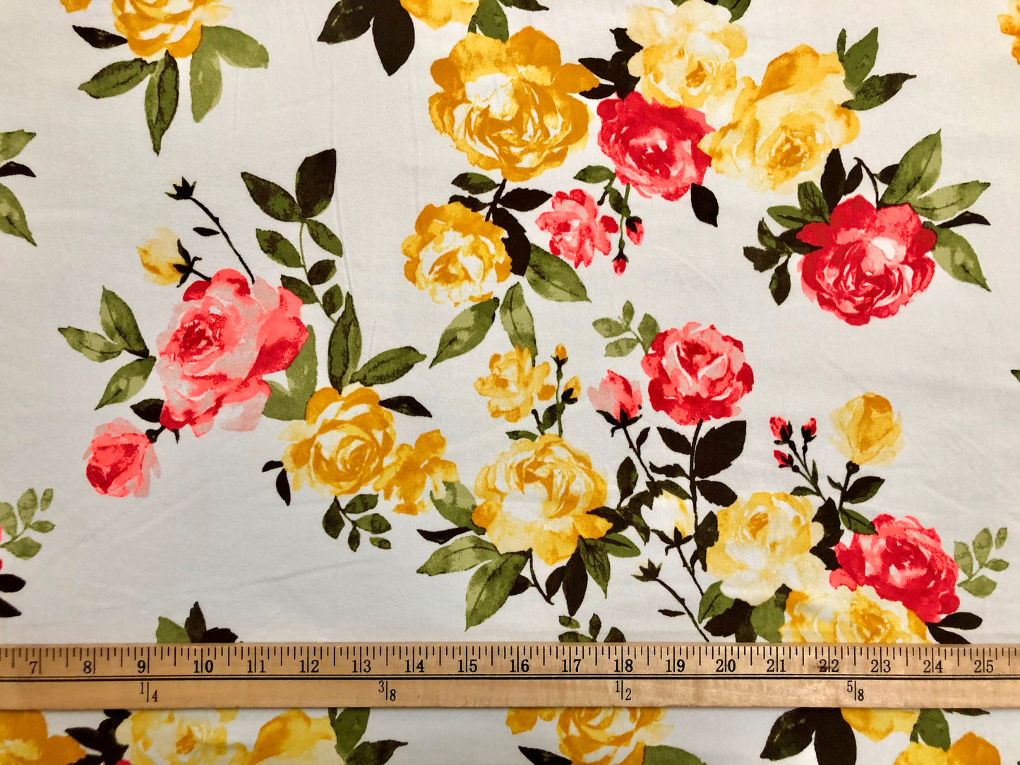 DTY Brushed Fabric-Ivory Yellow Gold Red Roses-DTYBPR213-Sold by the Yard-Jersey Fabric