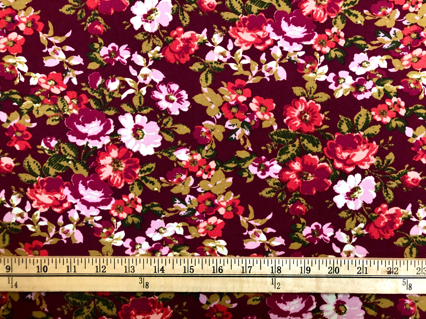DTY Brushed Knit Fabric – Burgundy Vintage Rose Toss Floral – 4-Way Stretch, 58" Wide, 180 GSM – Sold by the Yard (DTYBPR218)