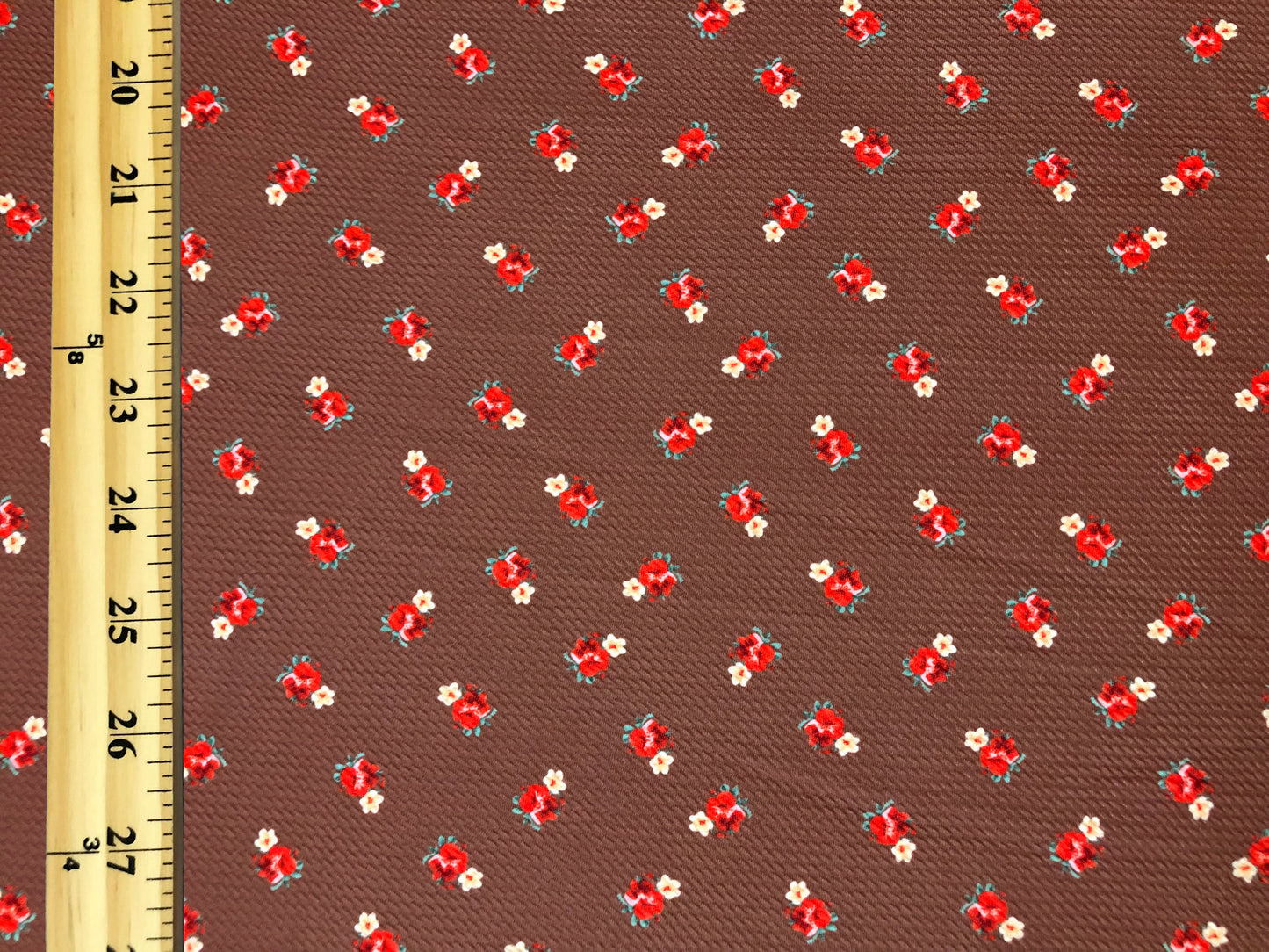 Bullet Knit Fabric – Mini Red Roses & Yellow Bud Ditsy Floral Stretch Print on Tobacco Brown, 56″ Wide, Sold by the Yard (BDPR265)