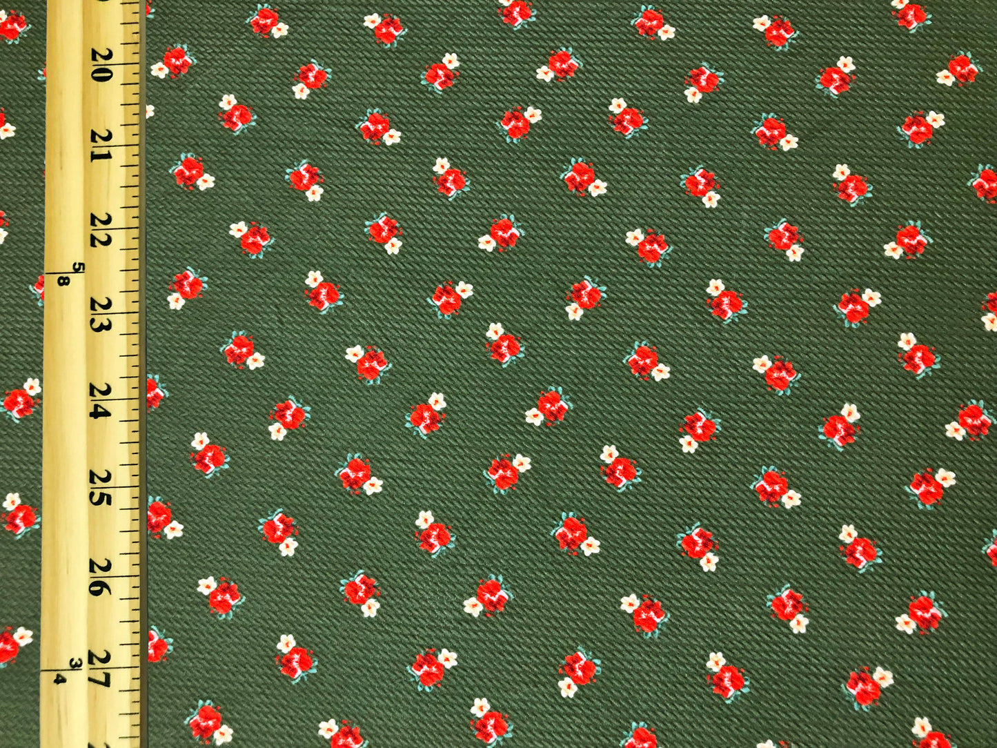 Bullet Knit Fabric – Mini Red Roses & Yellow Bud Ditsy Floral Stretch Print on Olive, 56″ Wide, Sold by the Yard (BDPR266)