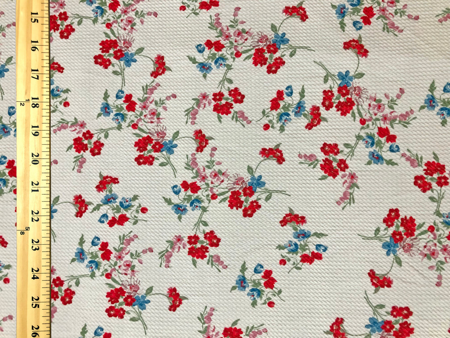 Bullet Knit Fabric – Ditsy Floral Stretch Print in Red, Pink & Blue on Vibrant Ivory, 56″ Wide, Sold by the Yard (BPR270)