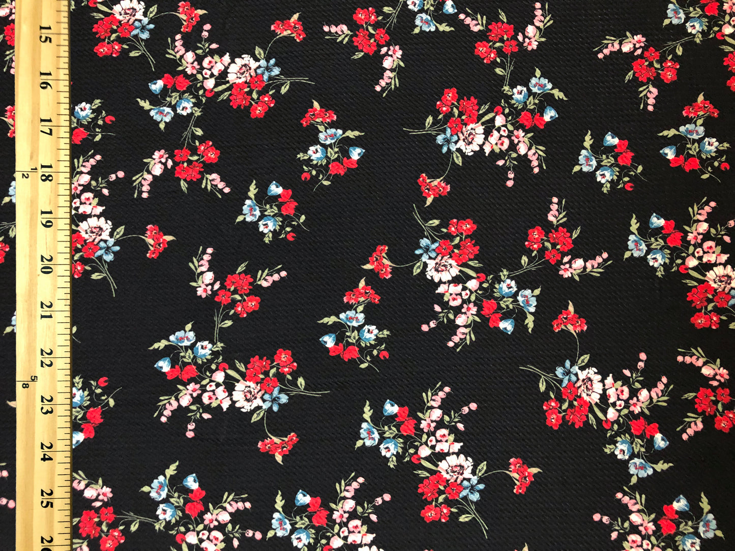 Bullet Knit Fabric – Ditsy Floral Stretch Print in Red, Pink & Blue on Black, 56″ Wide, Sold by the Yard (BPR269)