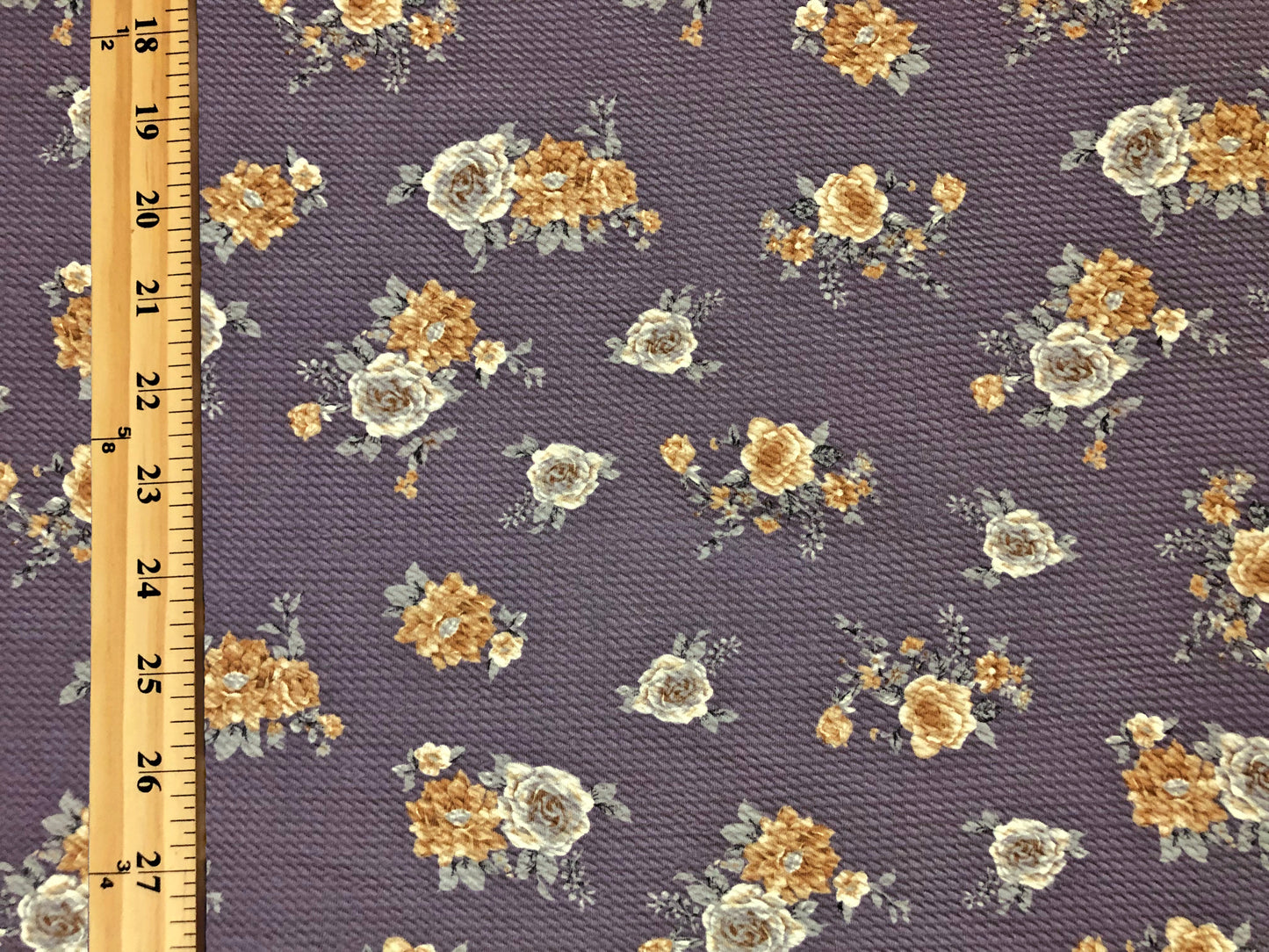 Bullet Knit Fabric – Gold & Silver Roses Bouquet Stretch Print on Purple, 56″ Wide, Sold by the Yard (BPR272)