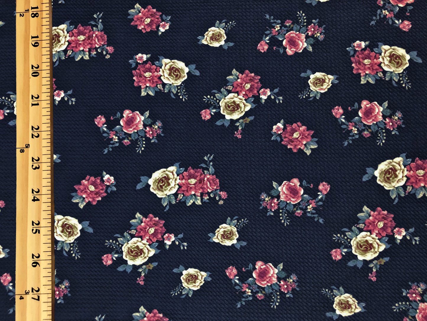 Bullet Knit Fabric – Mauve & Vanilla Roses Bouquet Stretch Print on Navy, 56″ Wide, Sold by the Yard (BPR274)
