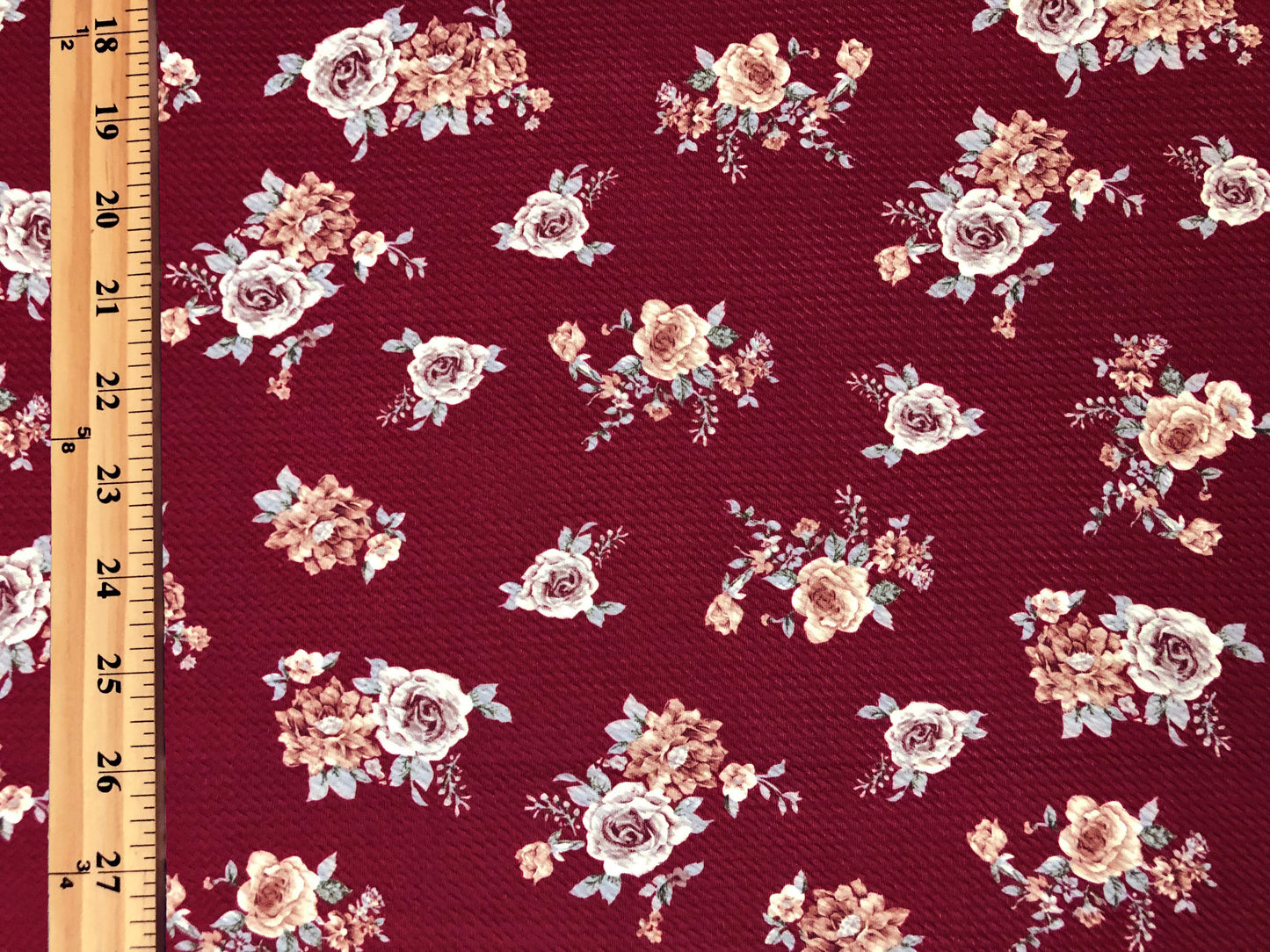 Bullet Knit Fabric – Vanilla & Peach Roses Bouquet Stretch Print on Burgundy, 56″ Wide, Sold by the Yard (BPR275)