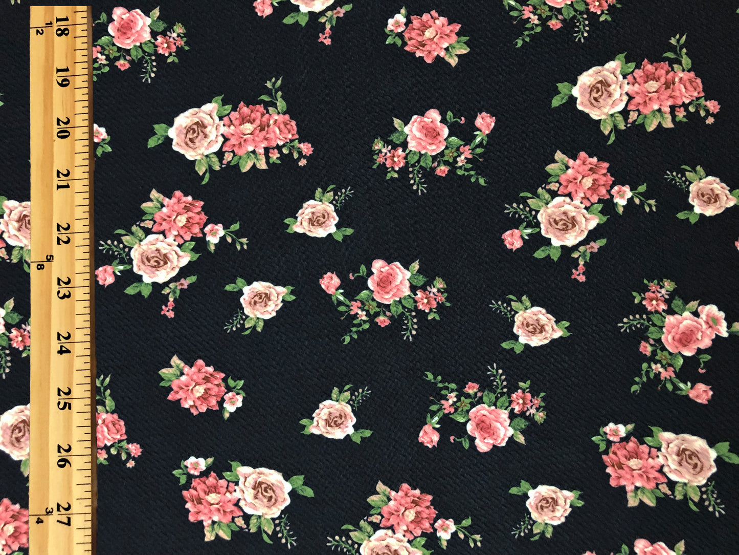 Bullet Knit Fabric – Pink & Vanilla Roses Bouquet Stretch Print on Black, 56″ Wide, Sold by the Yard (BPR276)