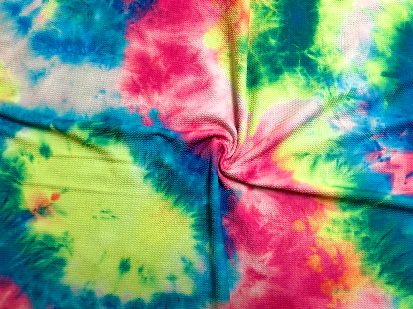 Premium Bullet Knit Fabric – White, Green & Blue Tie‑Dye Stretch Print, 56″ Wide, Sold by the Yard (BTDPR018)