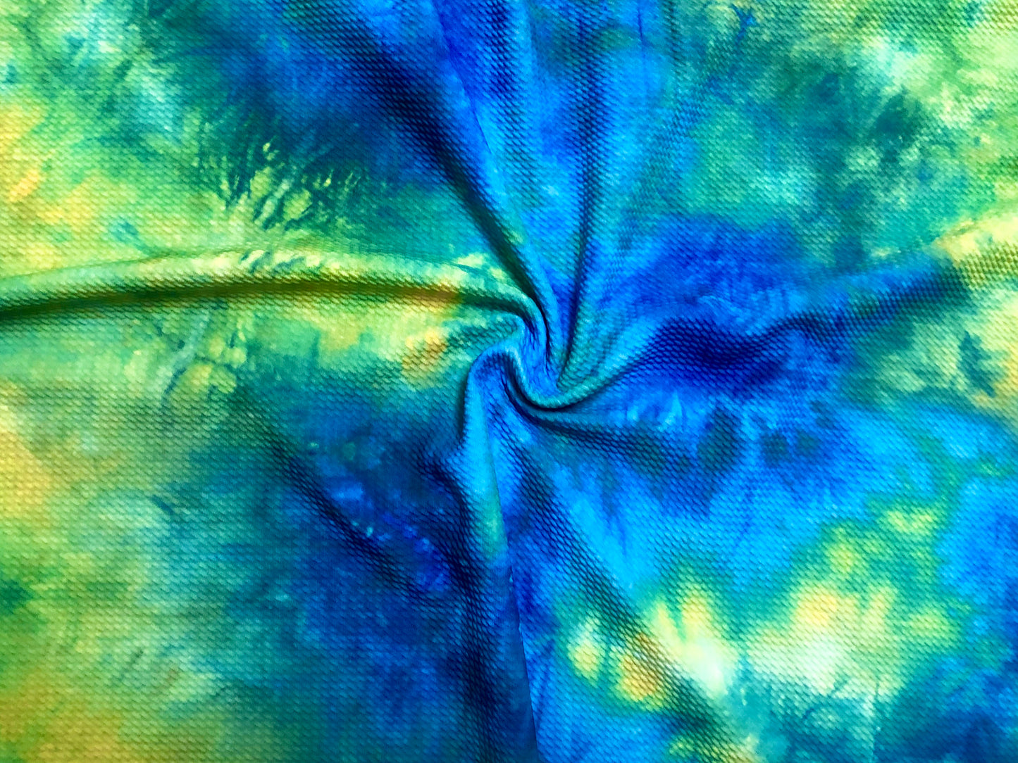 Blue/Lime Watercolor Tie Dye Bullet Knit Fabric – Textured 4 Way Stretch, 58" Wide, 200 GSM – By the Yard (BDPR025)