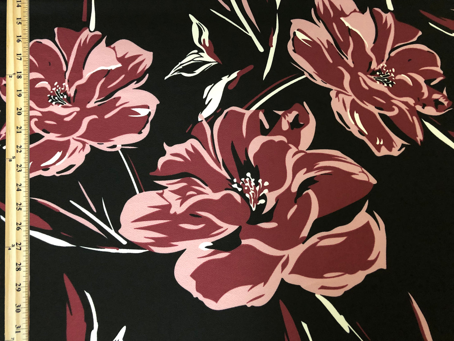 Liverpool Knit – Mauve& Blush Oversized Hibiscus Floral on Black, 4-Way Stretch, 56” Wide, 200 GSM – Sold by the Yard (LVPR311)