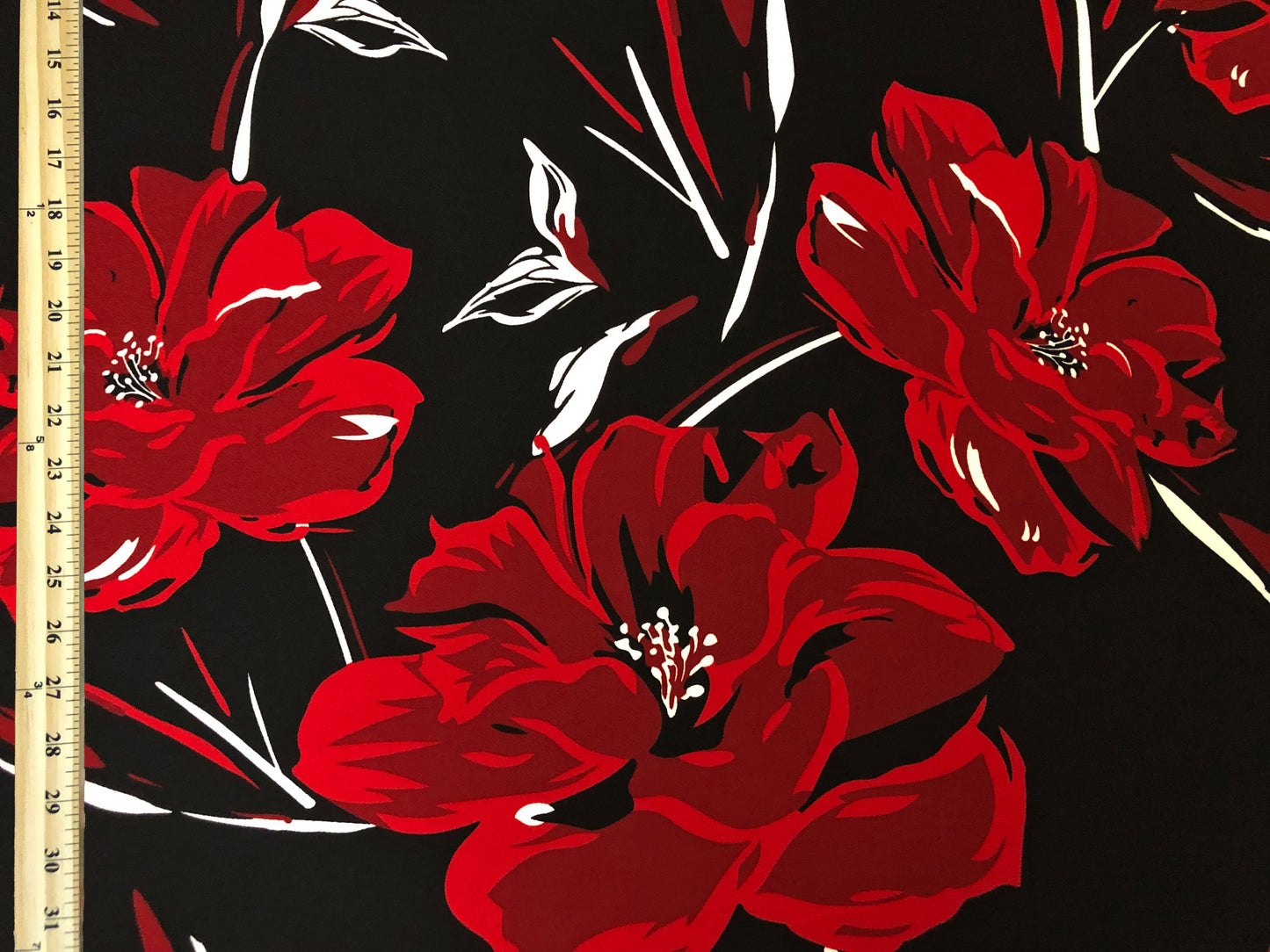 Liverpool Knit – Red & Crimson Oversized Hibiscus Floral on Black – 4-Way Stretch, 56” Wide, 200 GSM – Sold by the Yard (LVPR312)