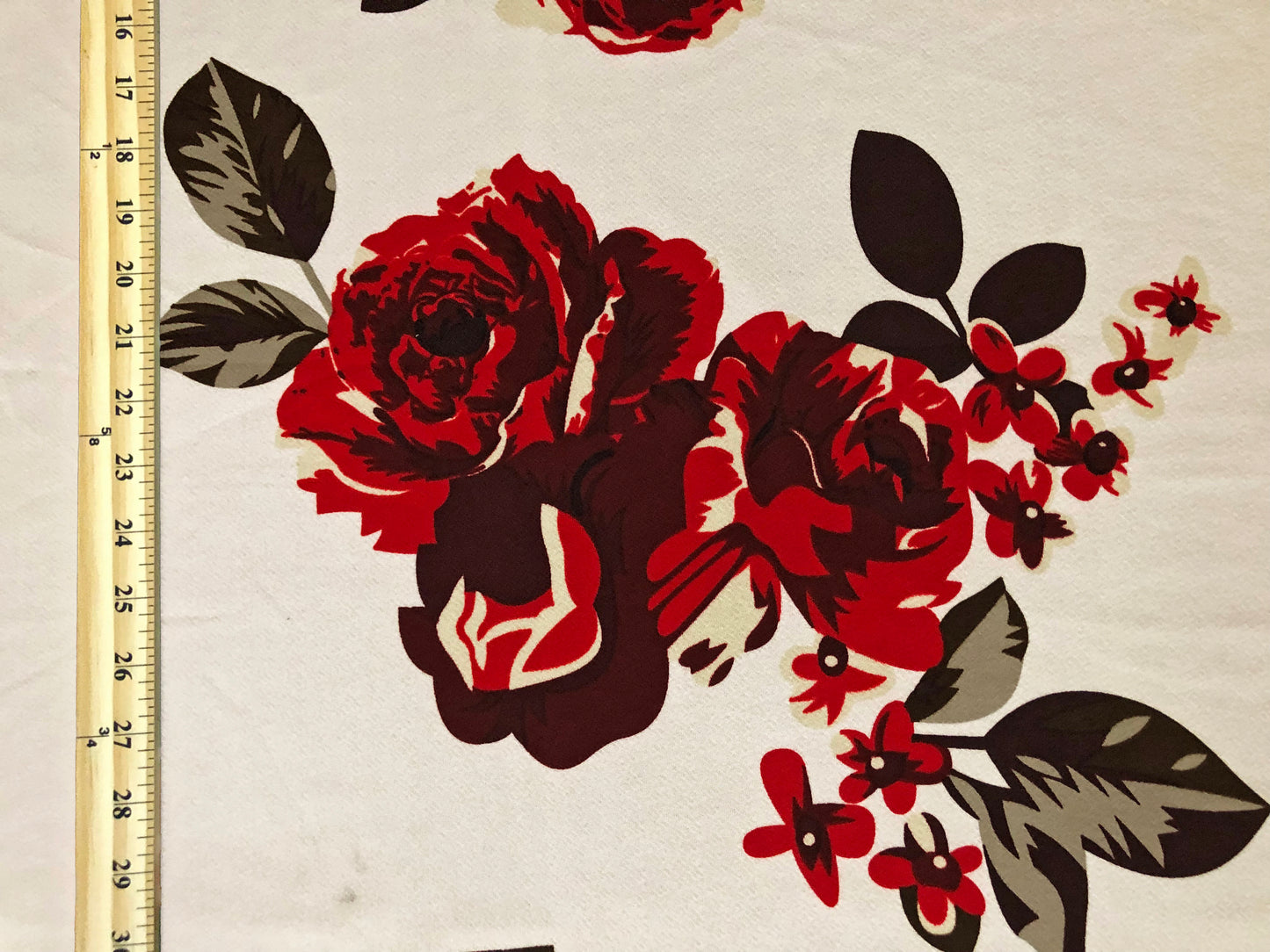 Liverpool Knit – Red/Burgundy/Olive Vintage Rose Cluster Floral on Ivory – 4-Way Stretch, 56” Wide, 200 GSM – Sold by the Yard (LVPR313)