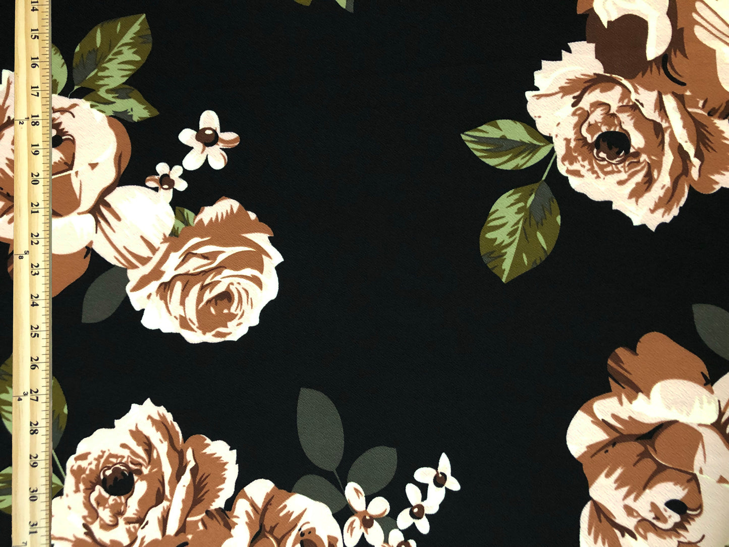 Liverpool Knit – Brown/Taupe/Olive Vintage Rose Bouquet Floral on Black – 4-Way Stretch, 56” Wide, 200 GSM – Sold by the Yard (LVPR314)