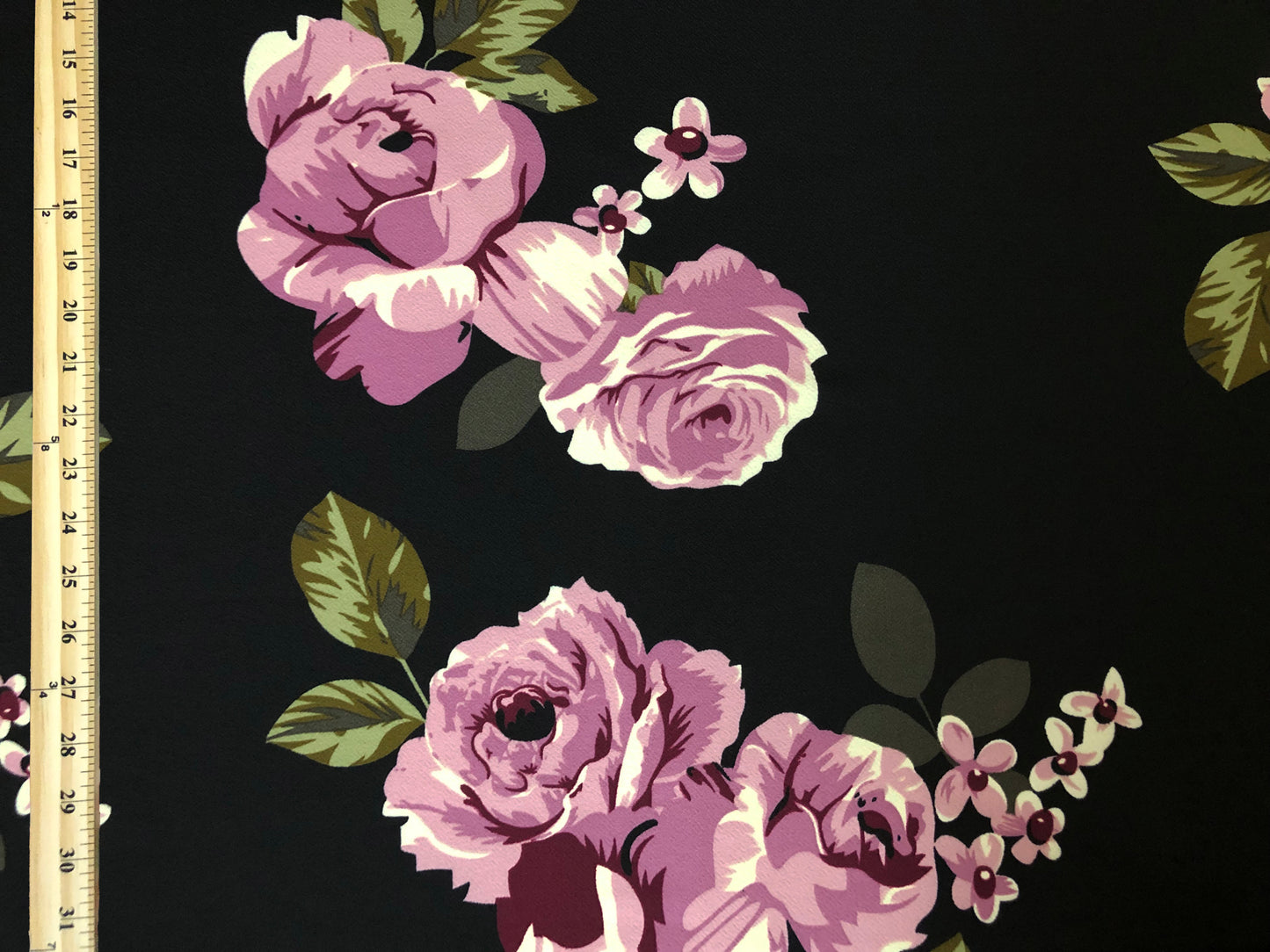 Liverpool Knit – Mauve/Dusty Rose/Olive Vintage Rose Cluster Floral on Black – 4-Way Stretch, 56” Wide, 200 GSM – Sold by the Yard (LVPR315)