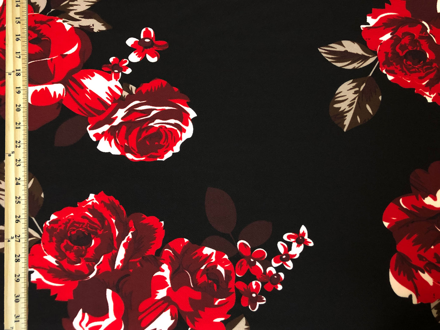 Liverpool Knit – Red/Crimson/Ivory Vintage Cluster Rose Floral on Black – 4-Way Stretch, 56” Wide, 200 GSM – Sold by the Yard (LVPR316)