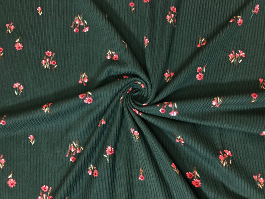Soft Rib Knit – Deep Forest Green Ditsy Floral-4-Way Stretch-60" Wide-Poly/Rayon/Spandex, Sold by the Yard (PRRPR0100)