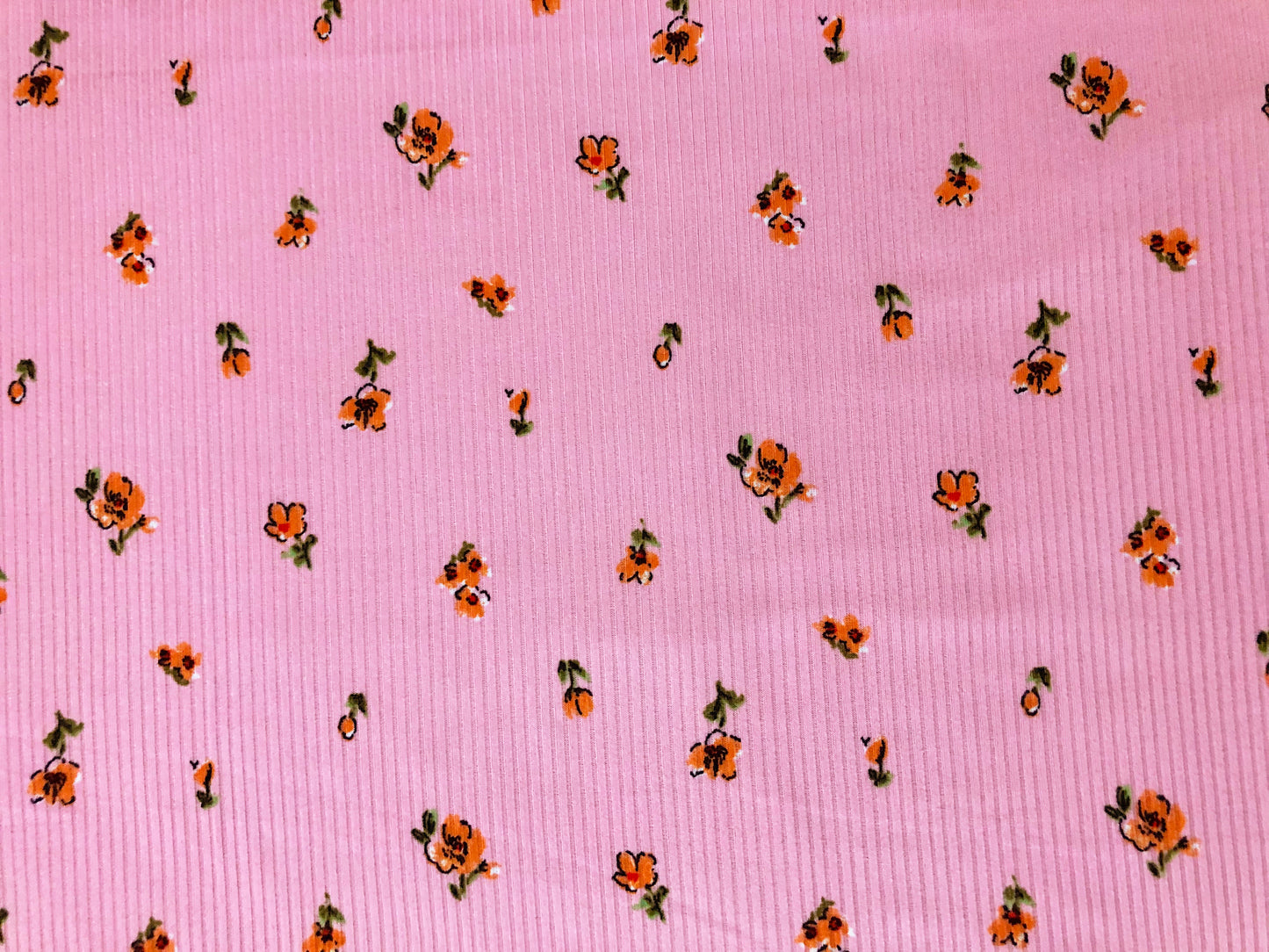 Soft Rib Knit Fabric – Pink with Orange Ditsy Floral, 4-Way Stretch, 60” Wide – Poly/Rayon/Spandex, Sold by the Yard (PRRPR0101)