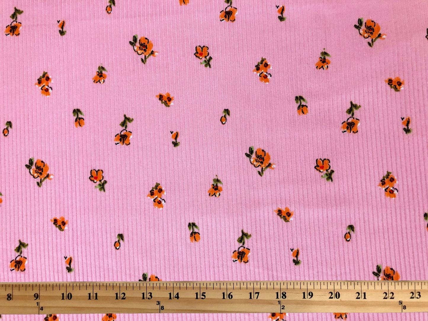 Soft Rib Knit Fabric – Pink with Orange Ditsy Floral, 4-Way Stretch, 60” Wide – Poly/Rayon/Spandex, Sold by the Yard (PRRPR0101)