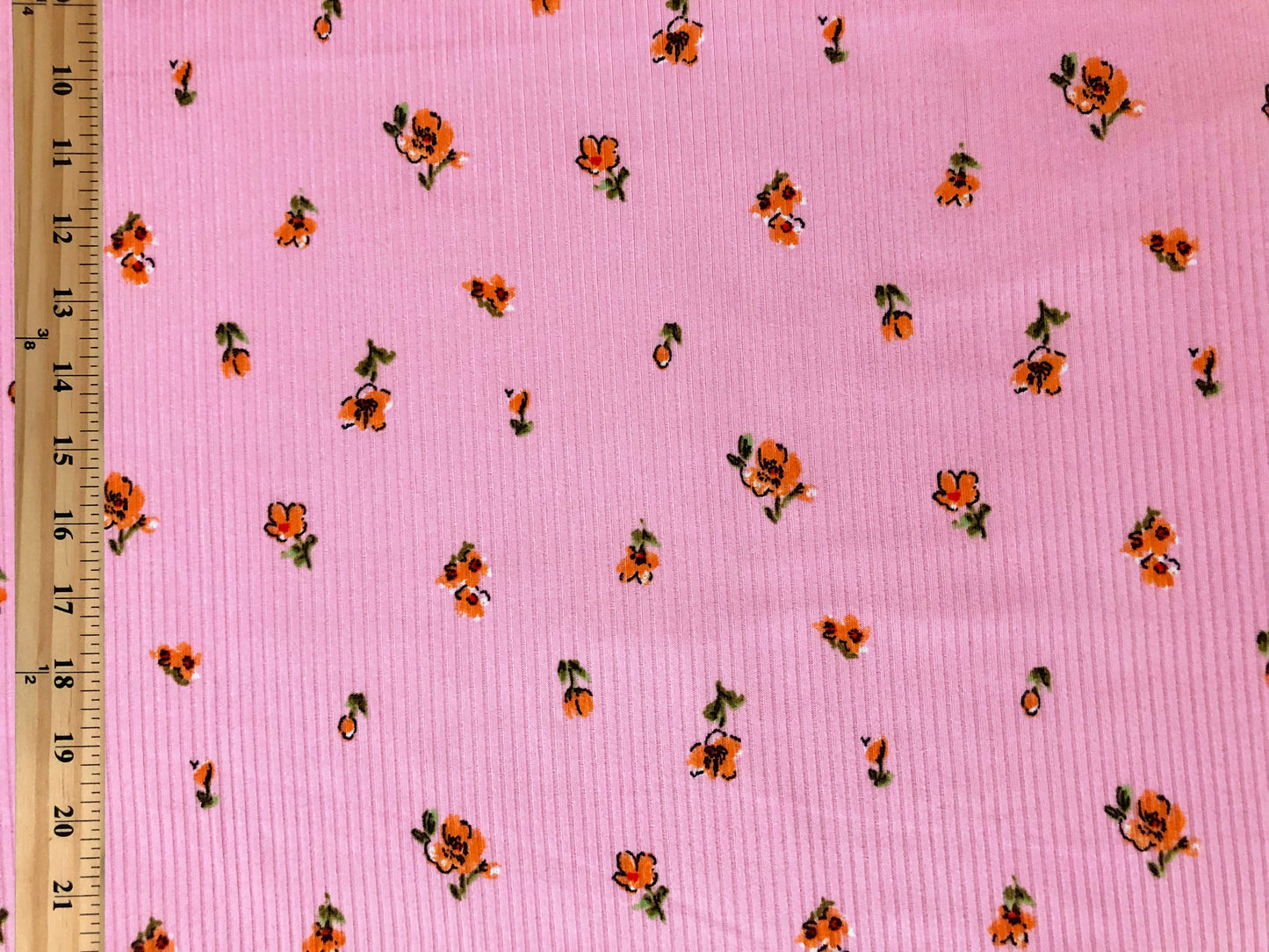 Soft Rib Knit Fabric – Pink with Orange Ditsy Floral, 4-Way Stretch, 60” Wide – Poly/Rayon/Spandex, Sold by the Yard (PRRPR0101)