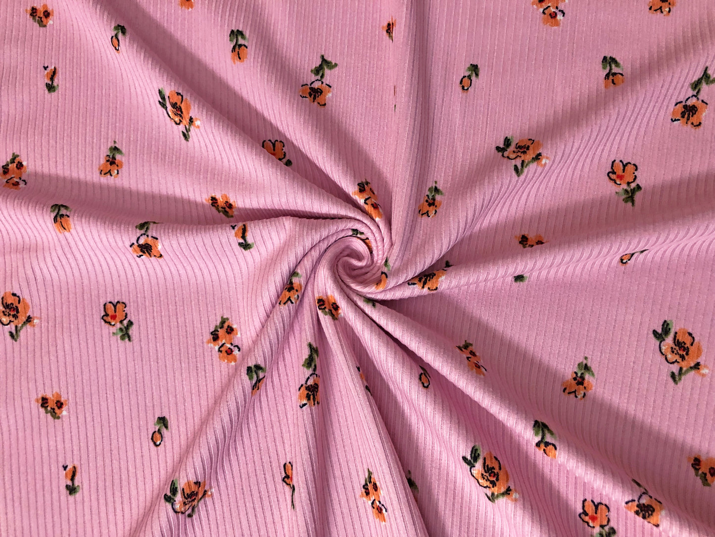 Soft Rib Knit Fabric – Pink with Orange Ditsy Floral, 4-Way Stretch, 60” Wide – Poly/Rayon/Spandex, Sold by the Yard (PRRPR0101)