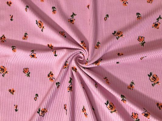 Soft Rib Knit Fabric – Pink with Orange Ditsy Floral, 4-Way Stretch, 60” Wide – Poly/Rayon/Spandex, Sold by the Yard (PRRPR0101)