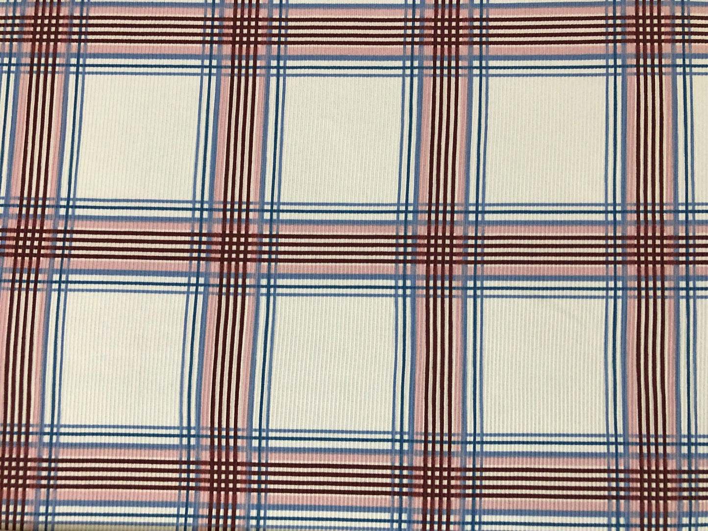 Premium Soft Plaid Rib Knit – Ivory with Denim Blue & Burgundy Stripes | 4-Way Stretch | 60" Wide, Poly/Rayon/Spandex, Sold by the Yard (PRRPR0103)