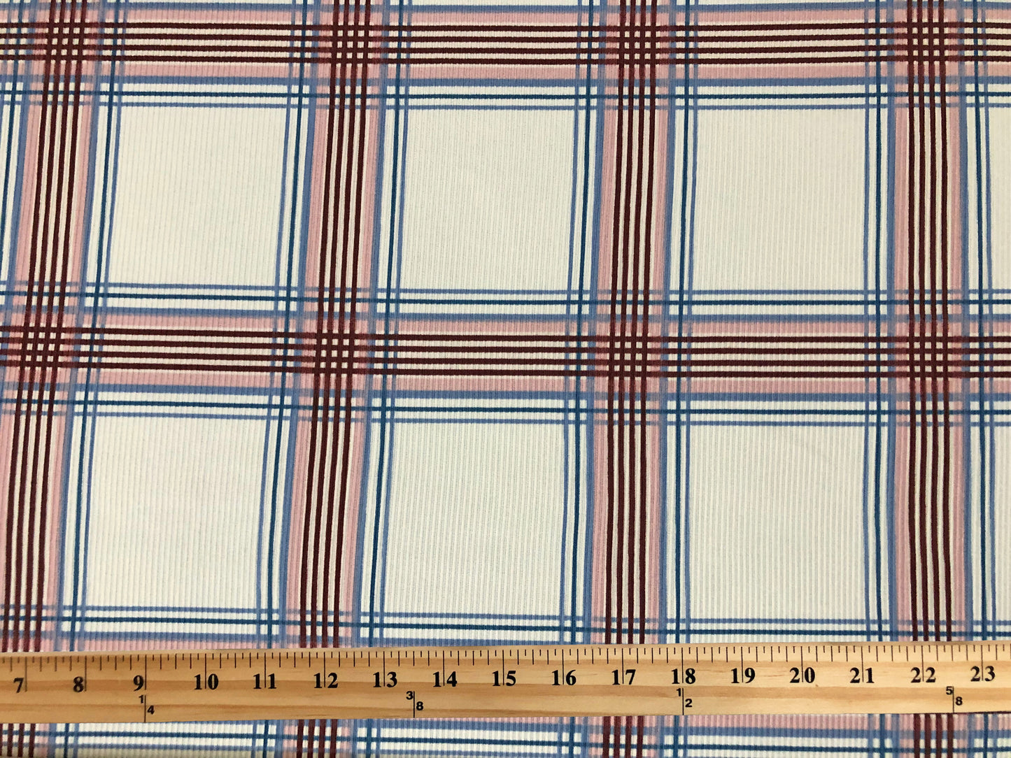 Premium Soft Plaid Rib Knit – Ivory with Denim Blue & Burgundy Stripes | 4-Way Stretch | 60" Wide, Poly/Rayon/Spandex, Sold by the Yard (PRRPR0103)