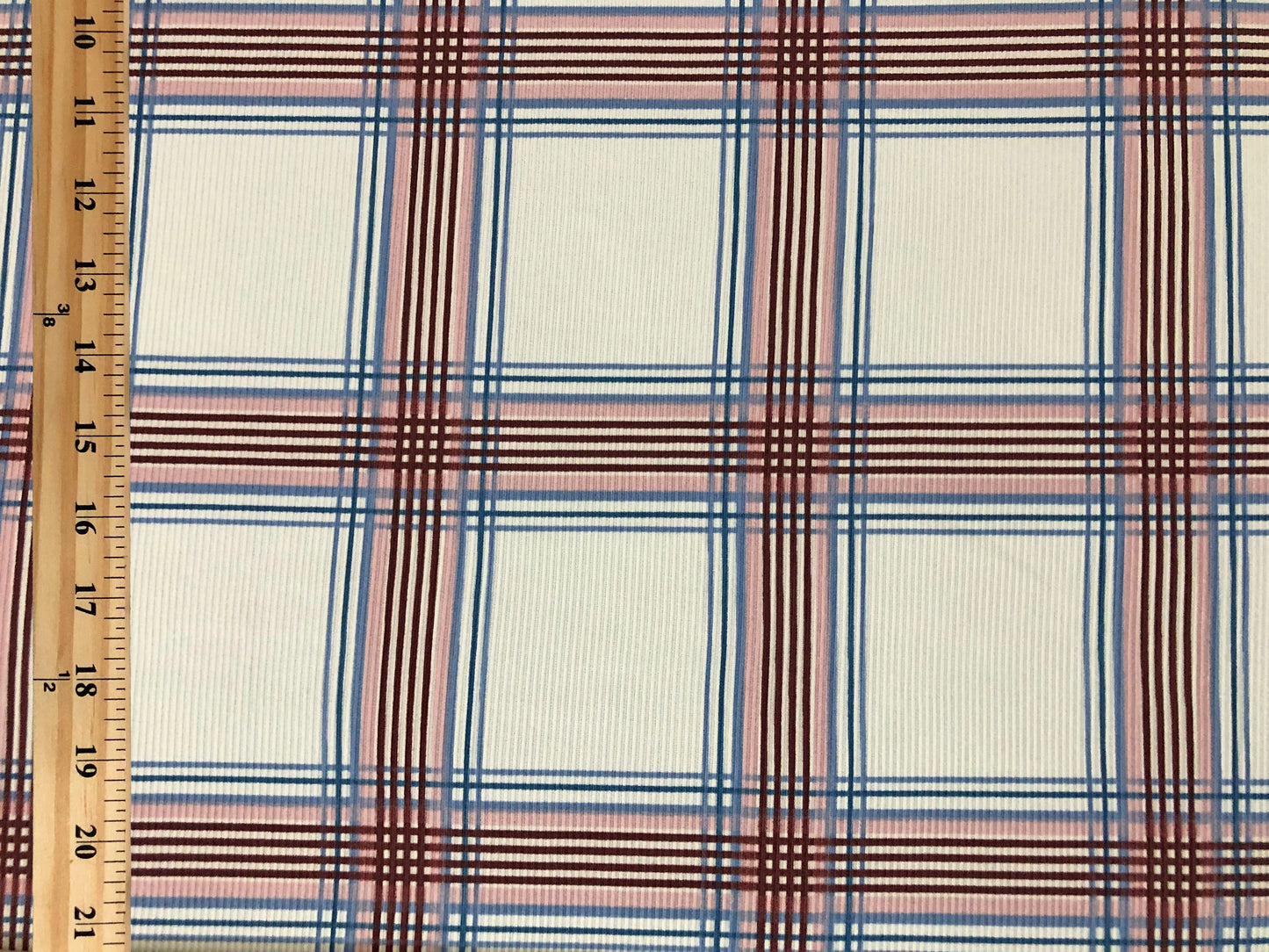 Premium Soft Plaid Rib Knit – Ivory with Denim Blue & Burgundy Stripes | 4-Way Stretch | 60" Wide, Poly/Rayon/Spandex, Sold by the Yard (PRRPR0103)