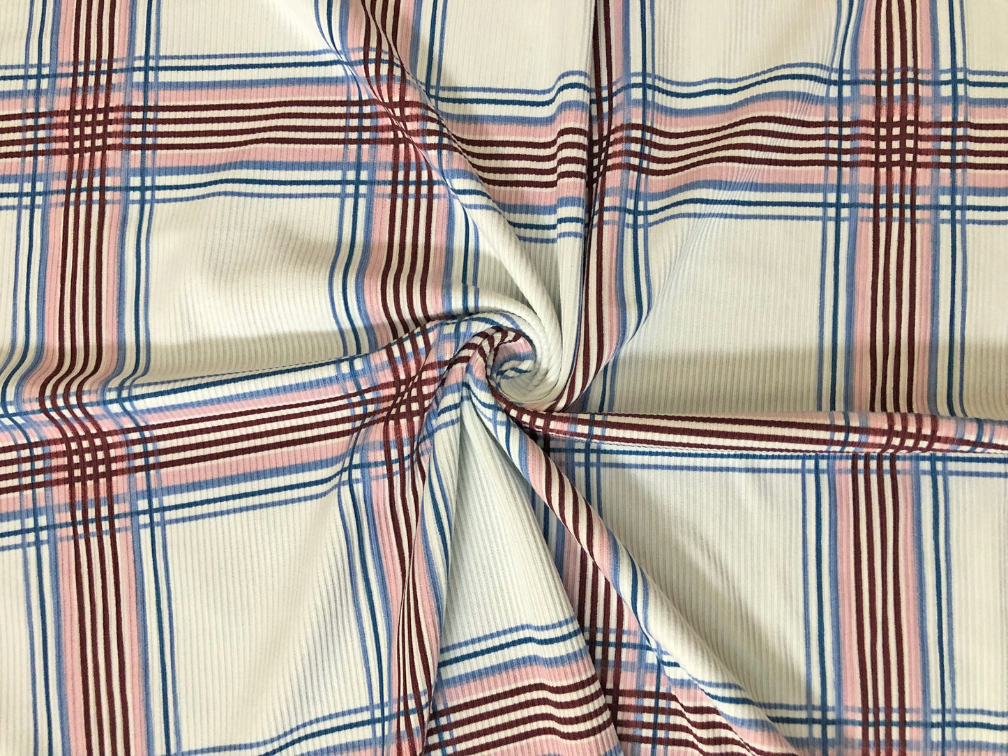 Premium Soft Plaid Rib Knit – Ivory with Denim Blue & Burgundy Stripes | 4-Way Stretch | 60" Wide, Poly/Rayon/Spandex, Sold by the Yard (PRRPR0103)