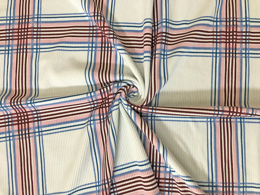 Premium Soft Plaid Rib Knit – Ivory with Denim Blue & Burgundy Stripes | 4-Way Stretch | 60" Wide, Poly/Rayon/Spandex, Sold by the Yard (PRRPR0103)