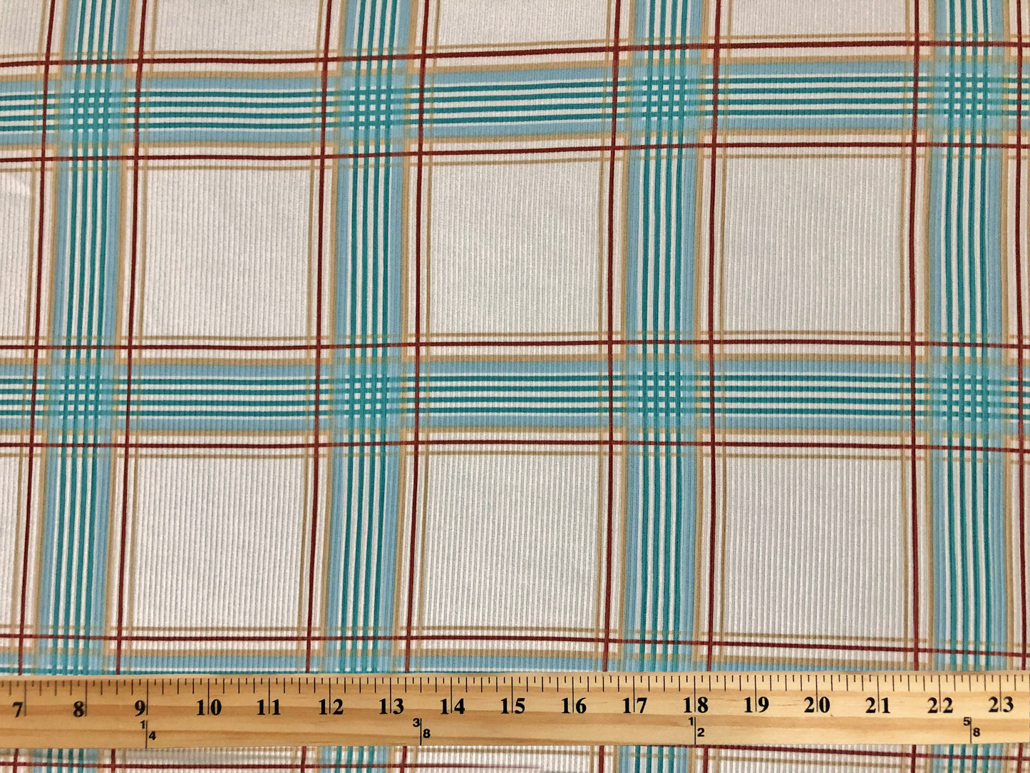 Premium Poly/Rayon/Spandex Rib Knit — Ivory Plaid with Teal & Sky Blue | 4-Way Stretch-60" Wide, Sold by the Yard (PRRPR102)