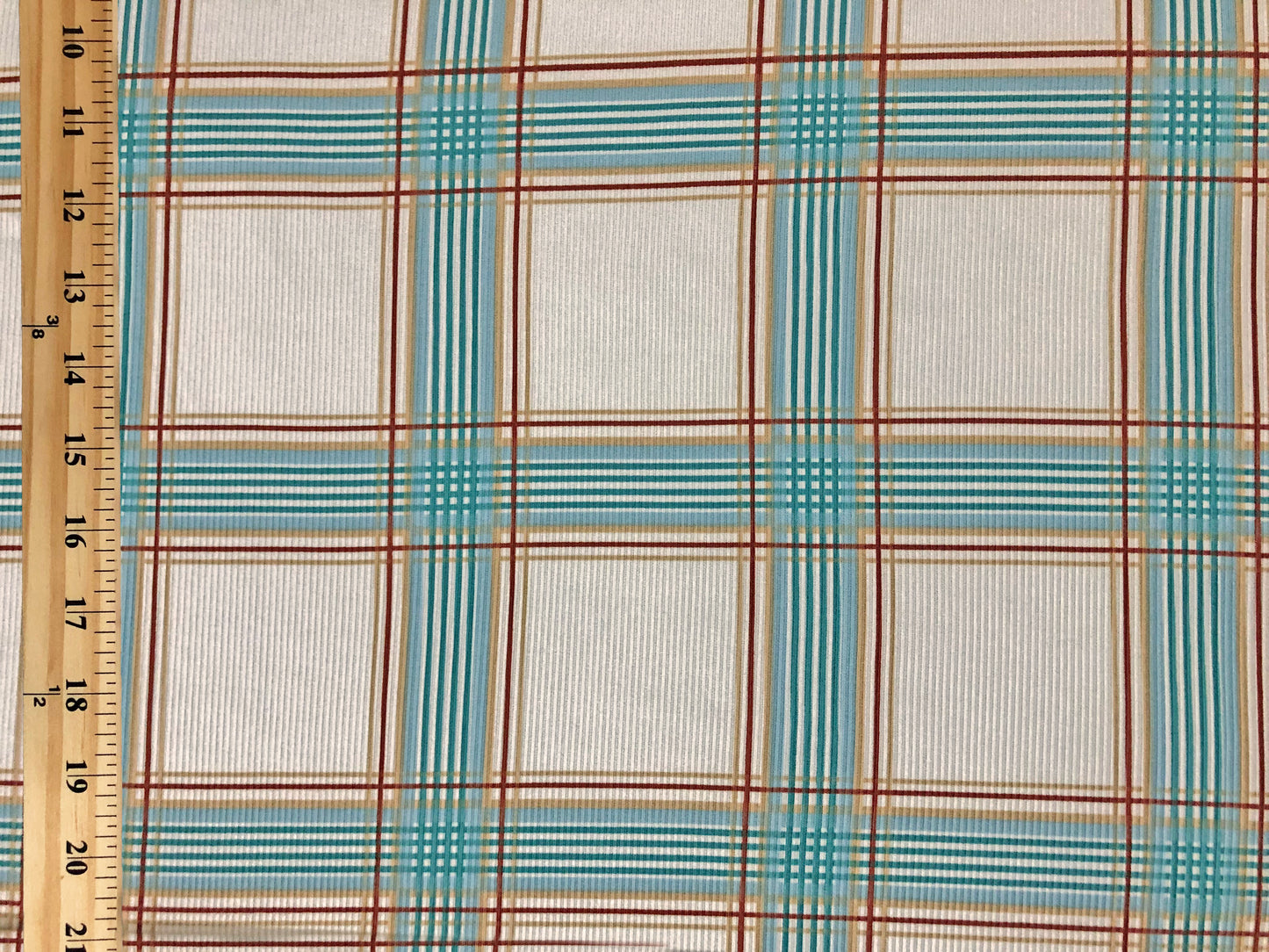 Premium Poly/Rayon/Spandex Rib Knit — Ivory Plaid with Teal & Sky Blue | 4-Way Stretch-60" Wide, Sold by the Yard (PRRPR102)