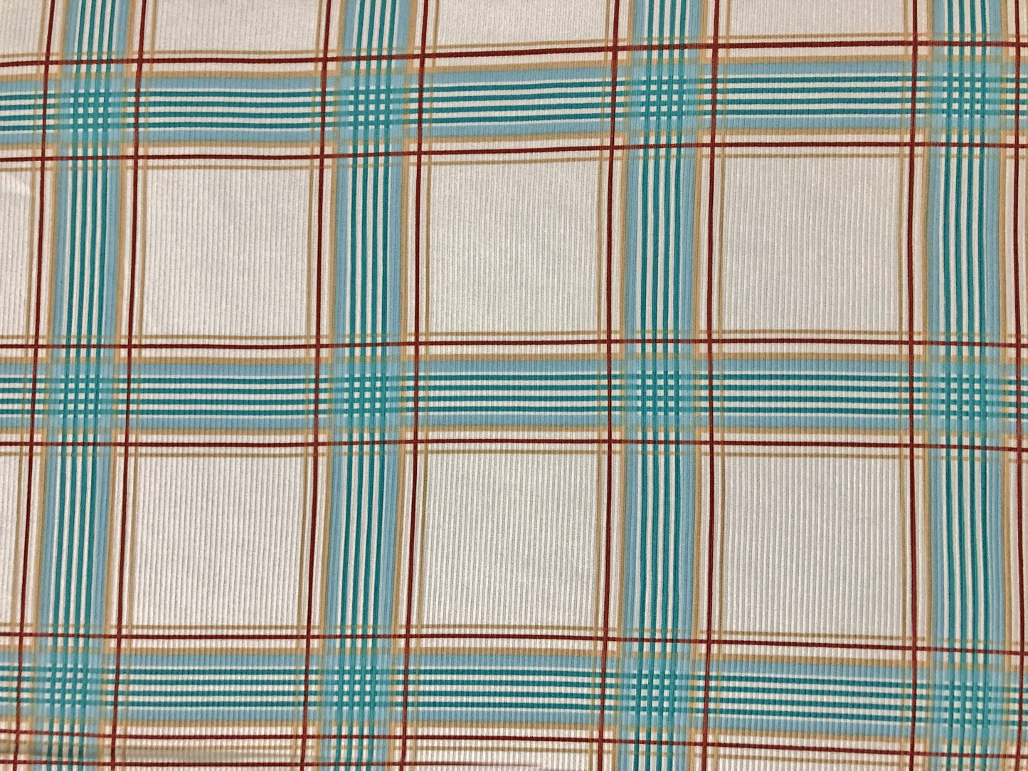 Premium Poly/Rayon/Spandex Rib Knit — Ivory Plaid with Teal & Sky Blue | 4-Way Stretch-60" Wide, Sold by the Yard (PRRPR102)