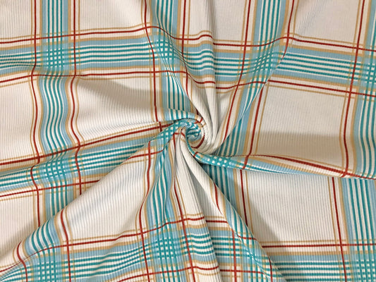 Premium Poly/Rayon/Spandex Rib Knit — Ivory Plaid with Teal & Sky Blue | 4-Way Stretch-60" Wide, Sold by the Yard (PRRPR102)