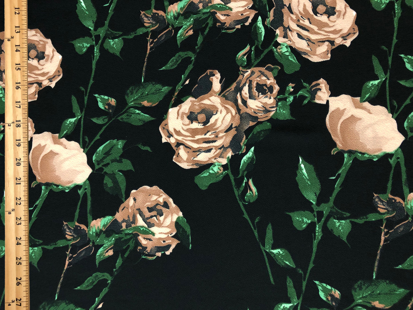 Liverpool Knit – Brown/Taupe/Olive Climbing Rose Floral on Black – 4-Way Stretch, 56” Wide, 200 GSM – Sold by the Yard (LVPR318)