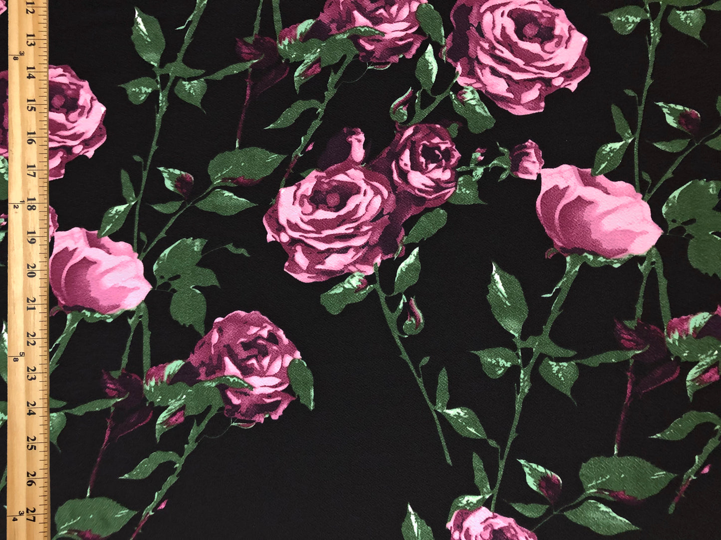 Liverpool Knit – Purple & Mauve Climbing Rose Floral on Black – 4-Way Stretch, 56” Wide, 200 GSM – Sold by the Yard (LVPR317)