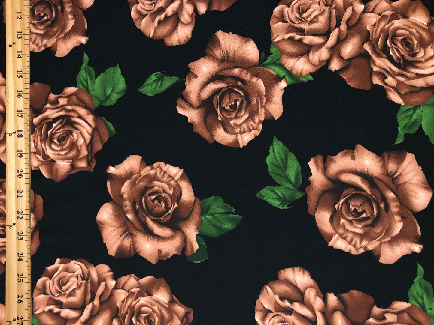 Liverpool Knit – Mocha Brown Roses with Green Leaves Antique Rose Bouquet on Black – 4-Way Stretch, 56" Wide, 200 GSM – Sold by the Yard (LVPR322)