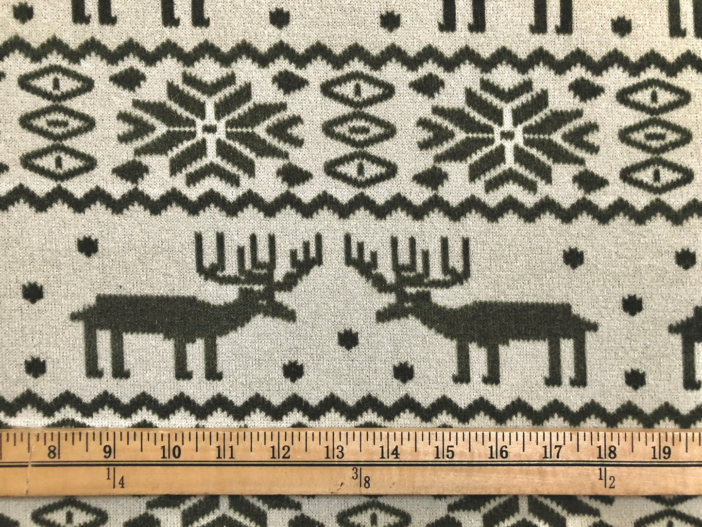 Warm & Soft Nordic Reindeer Hacci Knit – Vanilla/Olive, 56″ Wide, 95% Polyester 5% Spandex – Sold by the Yard (HSPR025)
