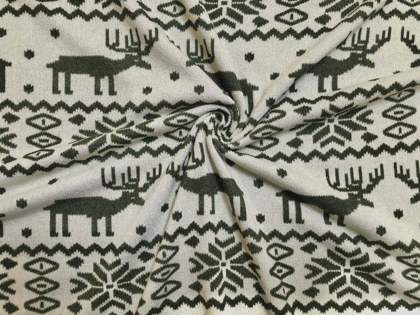 Warm & Soft Nordic Reindeer Hacci Knit – Vanilla/Olive, 56″ Wide, 95% Polyester 5% Spandex – Sold by the Yard (HSPR025)