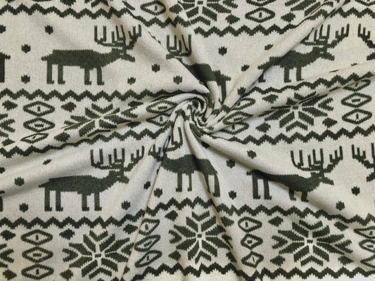 Warm & Soft Nordic Reindeer Hacci Knit – Vanilla/Olive, 56″ Wide, 95% Polyester 5% Spandex – Sold by the Yard (HSPR025)