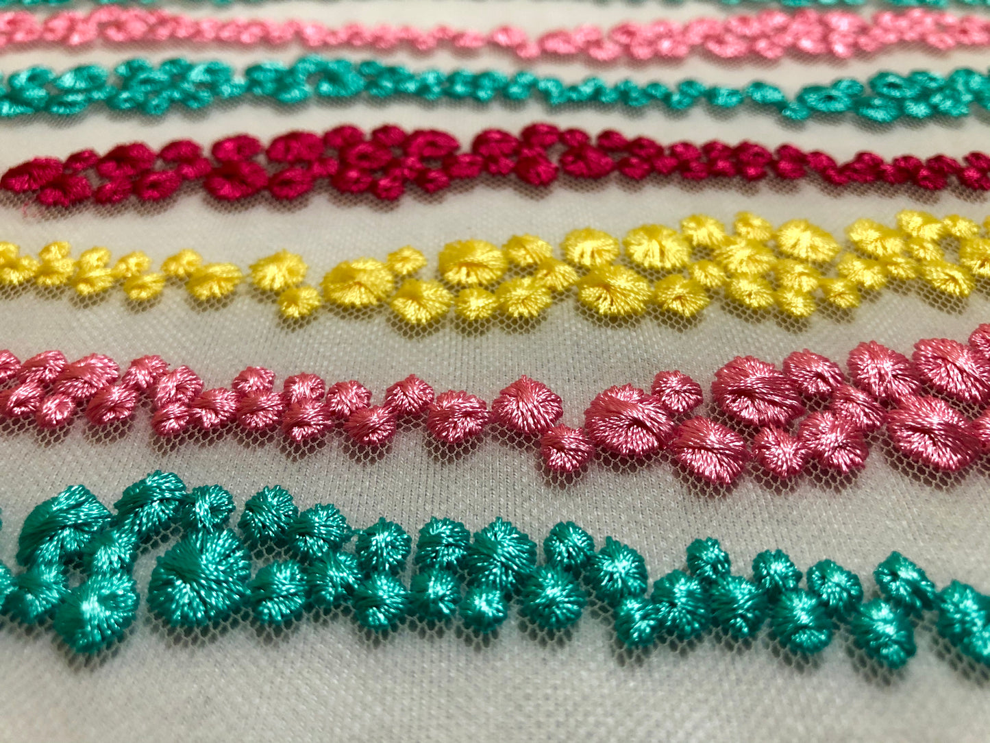 Multicolor 3D Embroidered Mesh – Couture French-Knot Wavy Stripe, Teal/Pink/Yellow/Red on White, 45” Wide (MEBPR01)